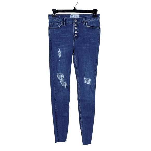 Free People Button Fly Blue Med Wash Distressed Skinny Leg Stretch Jeans Size 26 - Picture 1 of 5